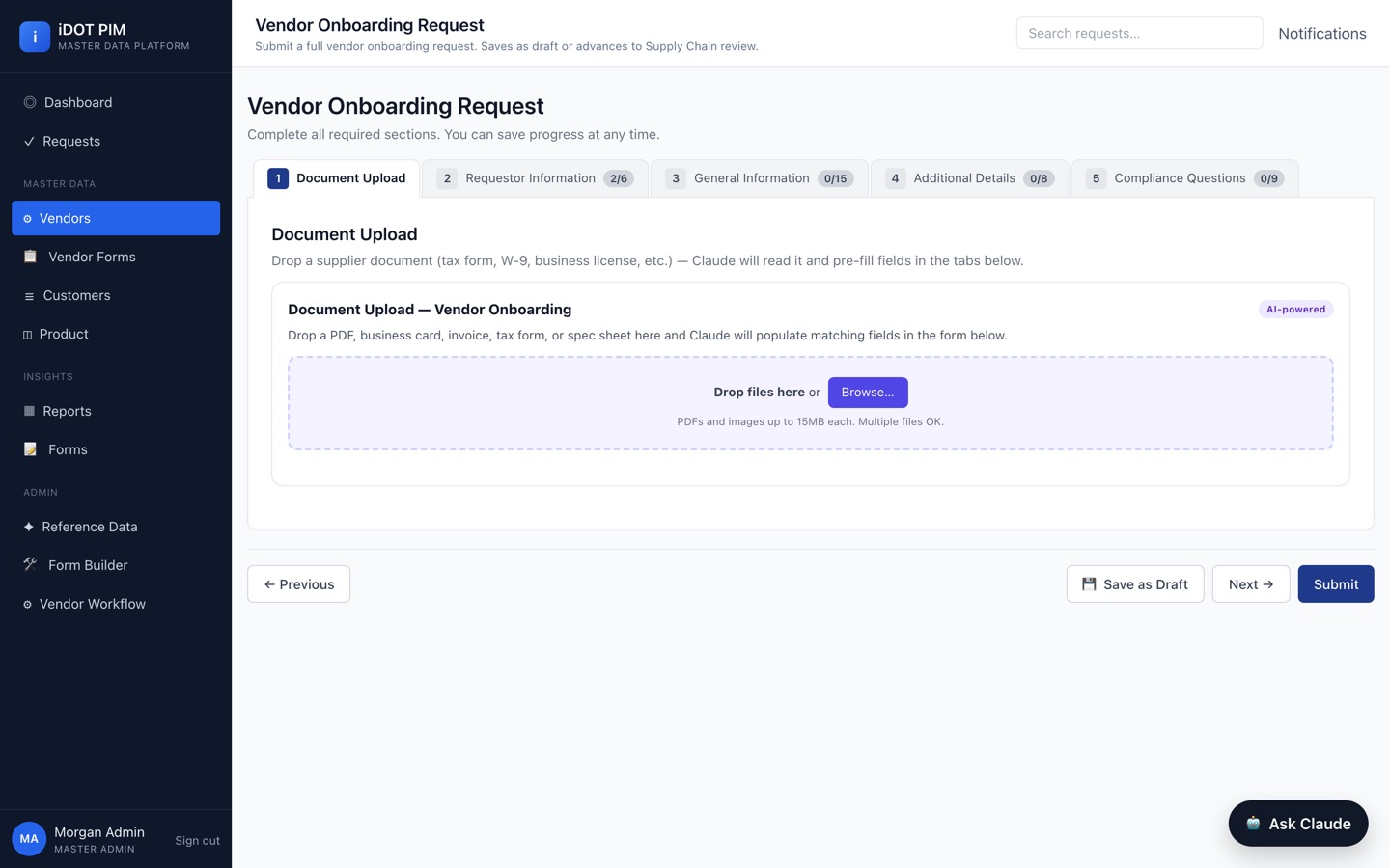 iDOT vendor onboarding request with an AI document-upload step that reads W-9s and pre-fills the form
