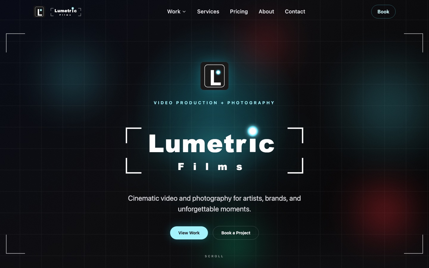 Lumetric Films homepage hero, dark and cinematic with bokeh and the studio wordmark