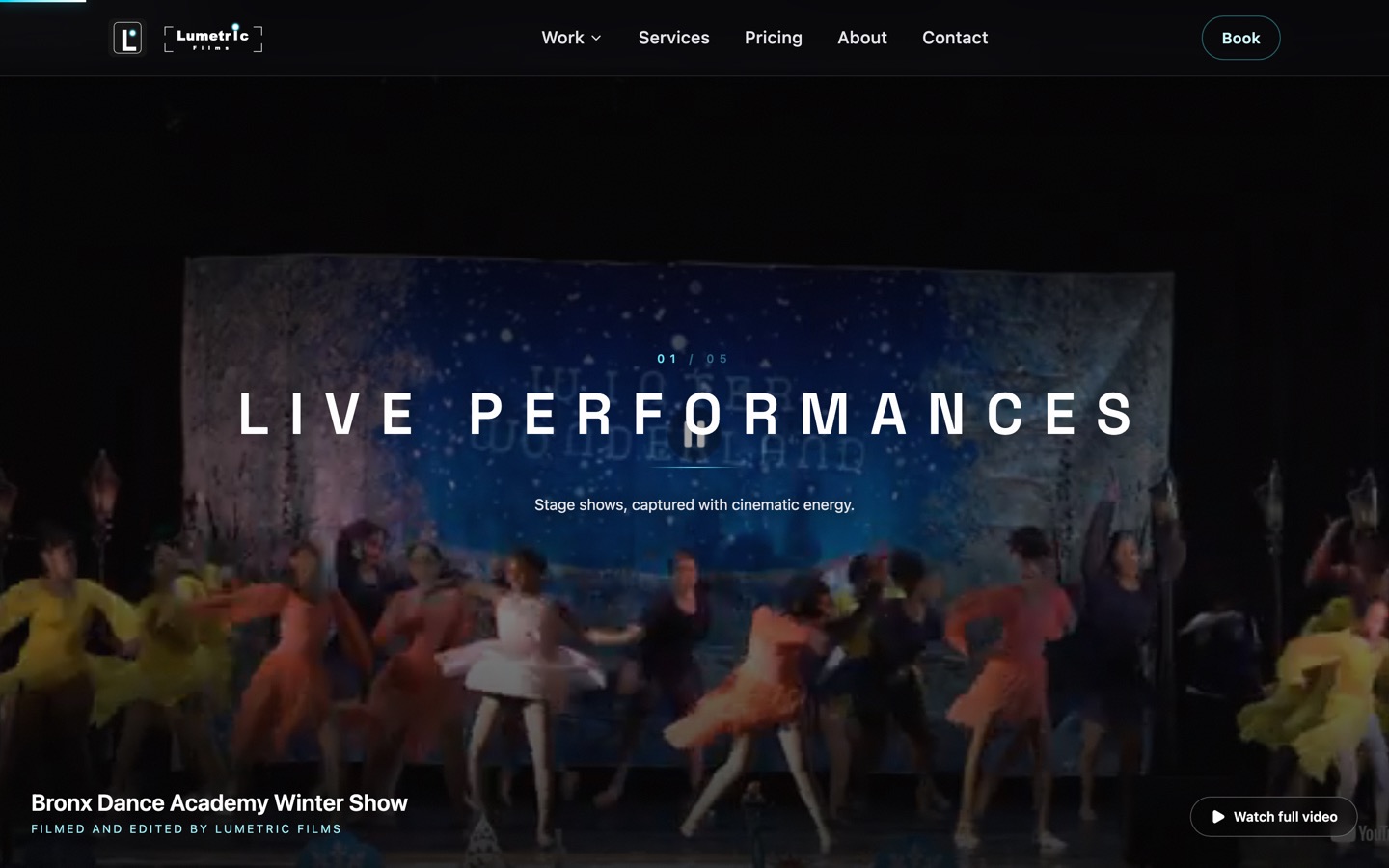 Lumetric Films portfolio section showing live performance work on a cinematic dark layout