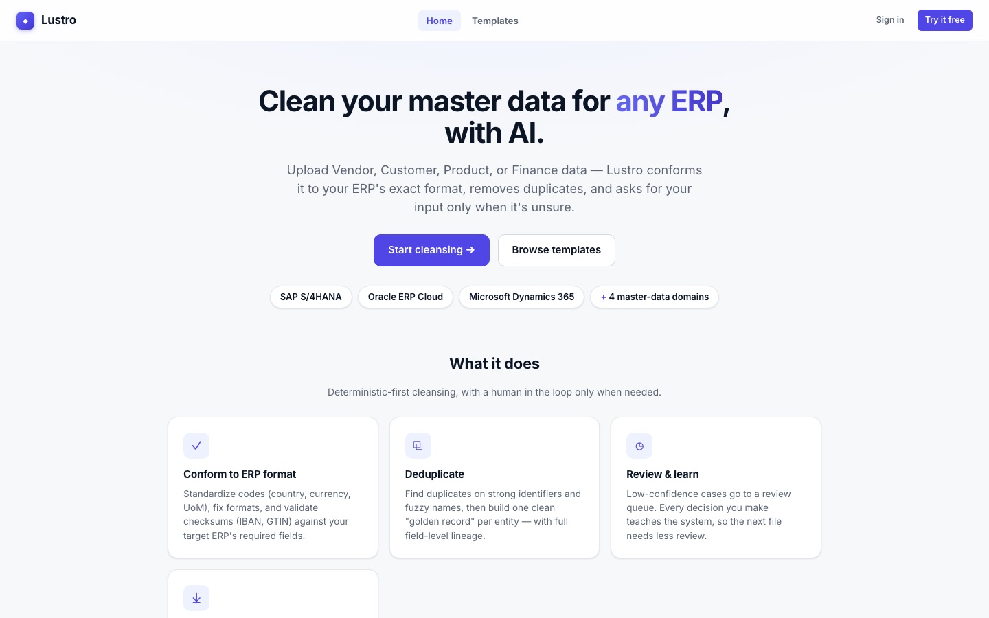 Lustro landing page with the headline 'Clean your master data for any ERP, with AI'