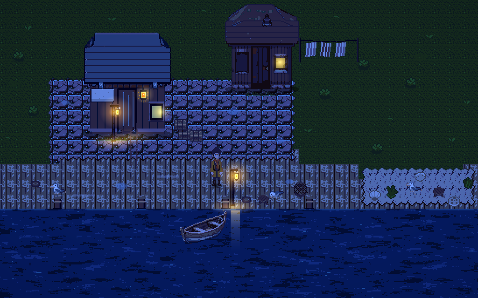 Pixel-art screenshot of Carillon at dusk, windows glowing with warm lamplight