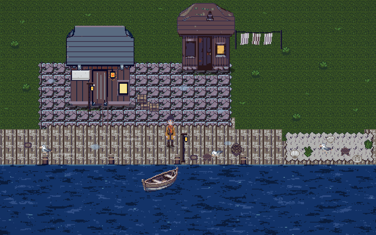 Pixel-art screenshot of the harbor town Carillon at noon