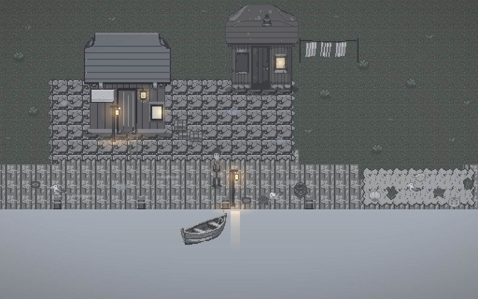 Pixel-art screenshot of Carillon during a Silvered tide, the water mirror-still and silver