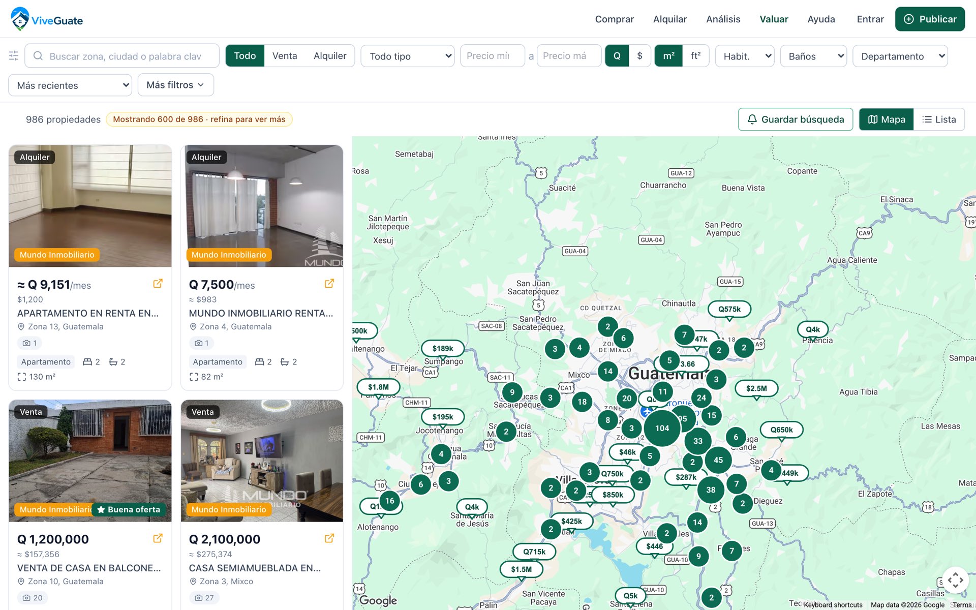 ViveGuate's split-screen search: listing cards on the left, a Google Map of Guatemala City with clustered price pins on the right